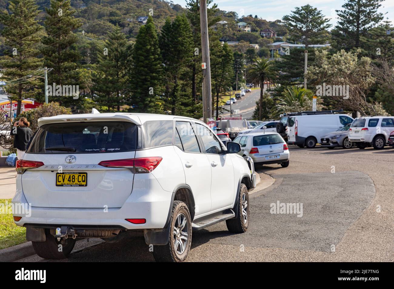 2020 model white Toyota Fortuner parked in Avalon Beach Sydney , a mid sized family SUV type vehicle also known as Toyota Hilux SW4,Australia Stock Photo