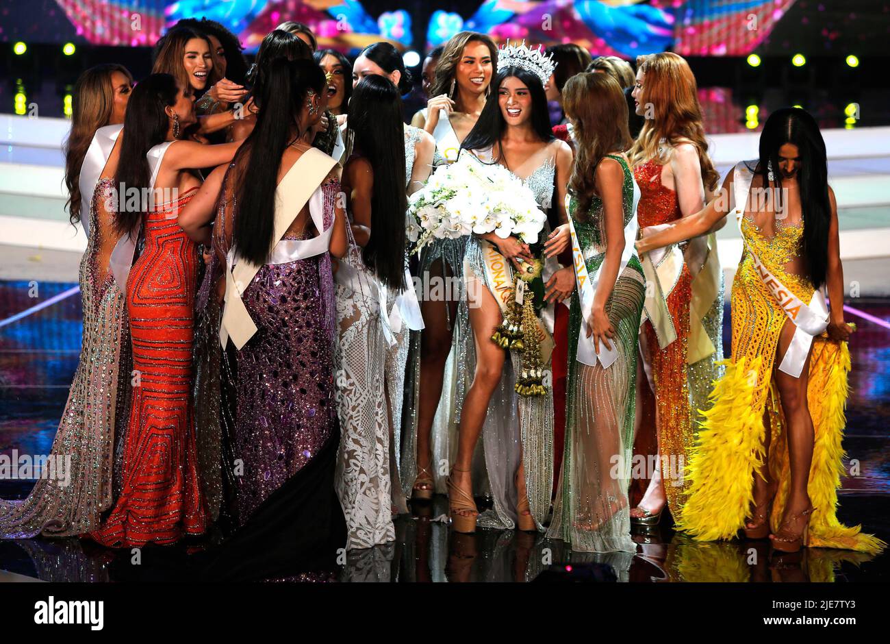 Pattaya, Thailand. 25th June, 2022. Contestants congratulate Philippines's Fuschia Anne Ravena, after wining in the Miss International Queen 2022 transsexual beauty pageant at the Thai resort city of Bangkok. Credit: SOPA Images Limited/Alamy Live News Stock Photo