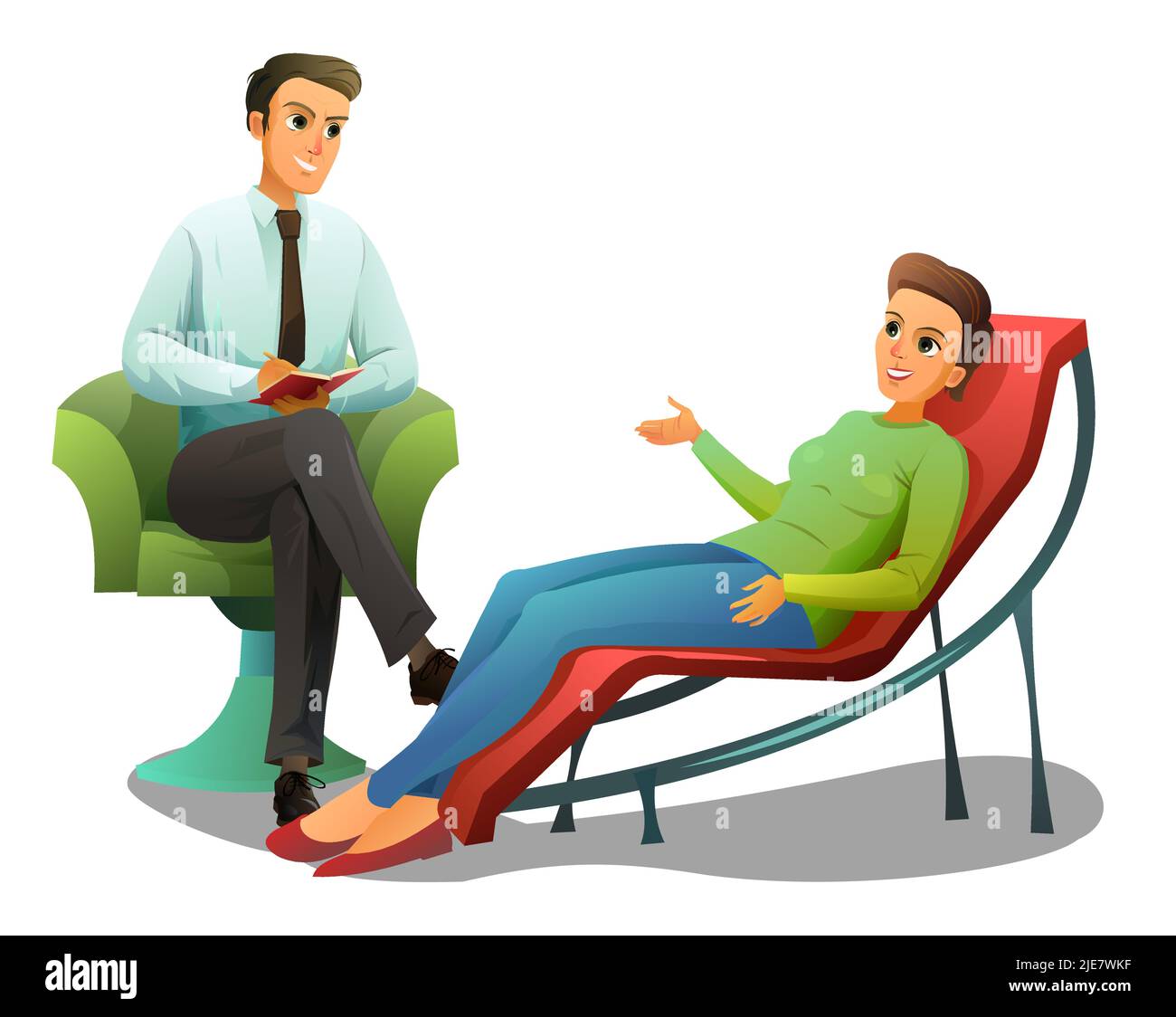 Psychologist and patient woman on sofa couch. Specialist in psychology of adults and children. Visit to doctor. Cartoon style. Scene isolated on white Stock Vector