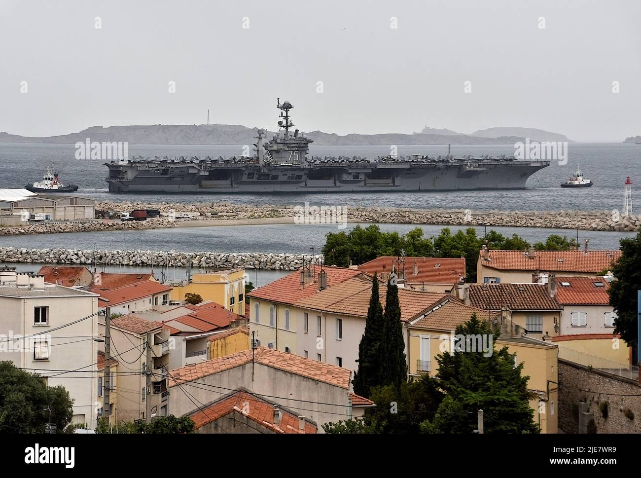 Marseille, France. 22nd June, 2022. The aircraft carrier USS Harry S. Truman  leaves in the French