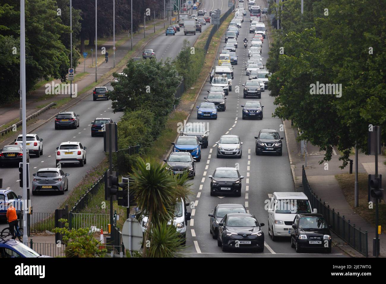 Heavy traffic builds on the A316 Chertsey Road in Twickenham, London