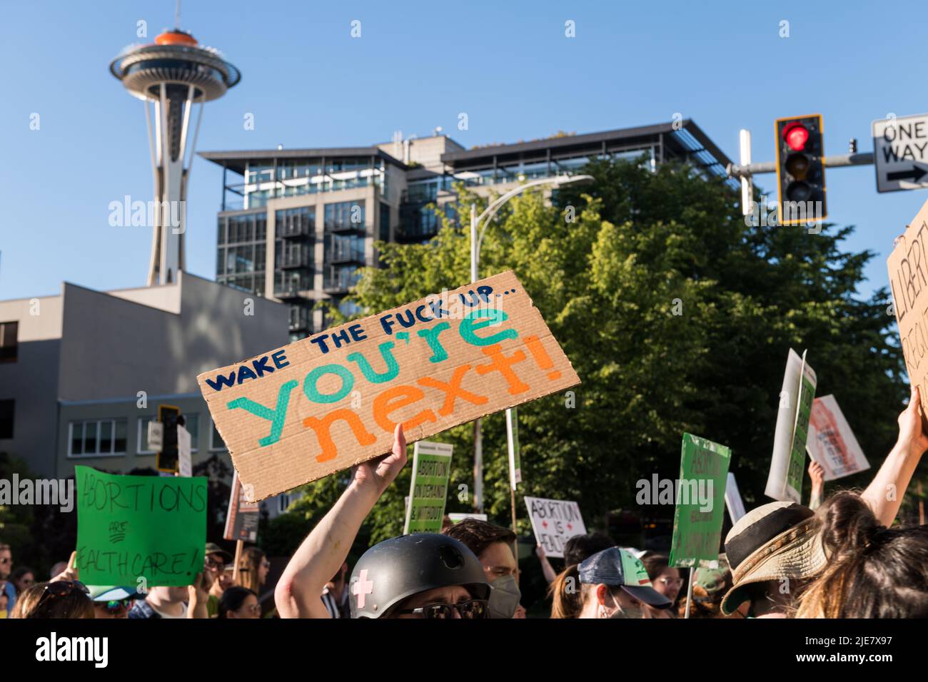 Seattle, USA. 25th Jun, 2022. Pro Choice protest in downtown after the Scotus ruling. Stock Photo