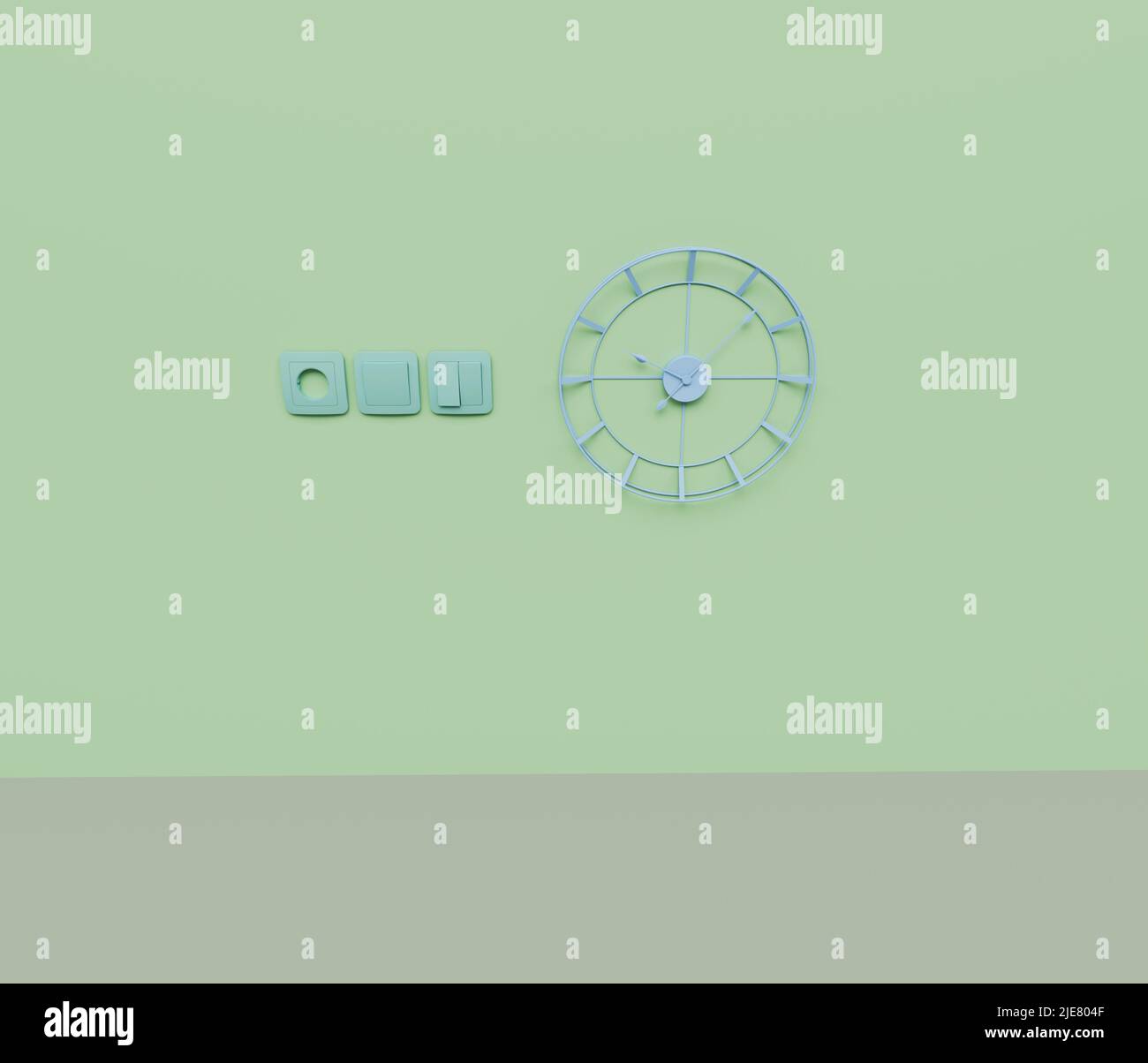 3d render of switch on off button an wall clock isolated on Pastel ...