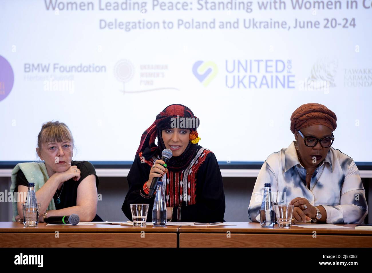 Krakow, Poland. 23rd June, 2022. Activists and Nobel Peace Prize laureates, (L to R) Jody Williams, Leymah Roberta Gbowee and Tawakkol Karman, during a press conference while visiting Krakow to meet with the Ukrainian refugees. Credit: SOPA Images Limited/Alamy Live News Stock Photo