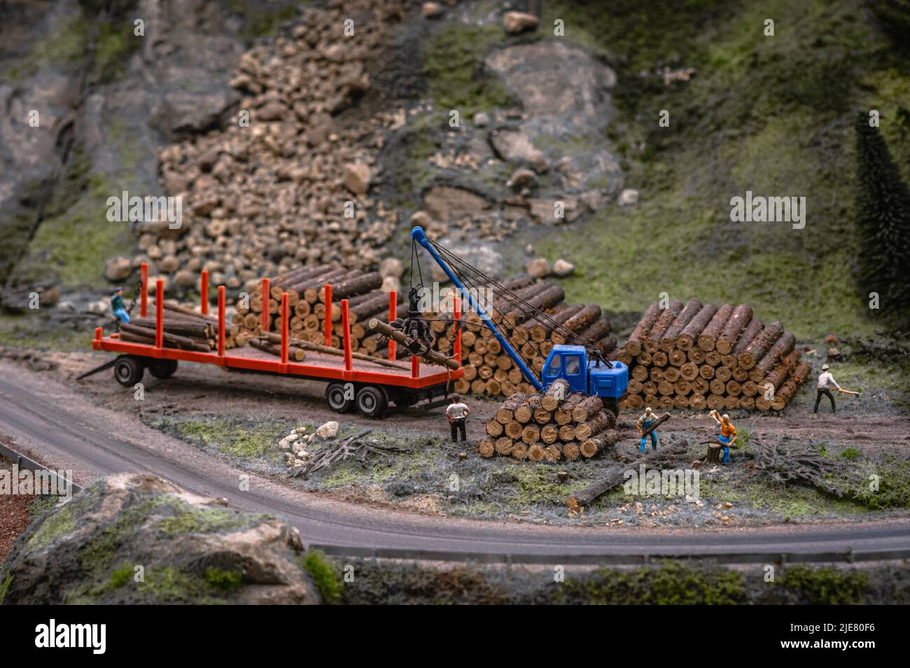 Toy representation of deforestation. Purposeful clearing of forested land. Stock Photo