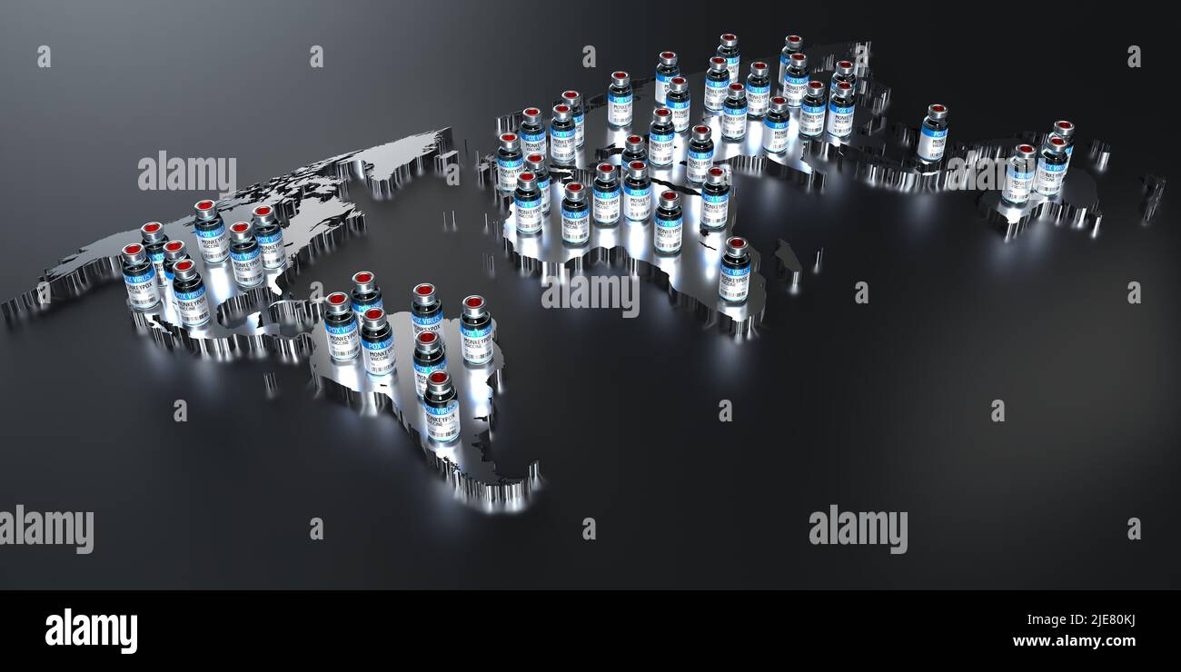 Monkeypox vaccine ampoules and world map - 3D illustration Stock Photo ...