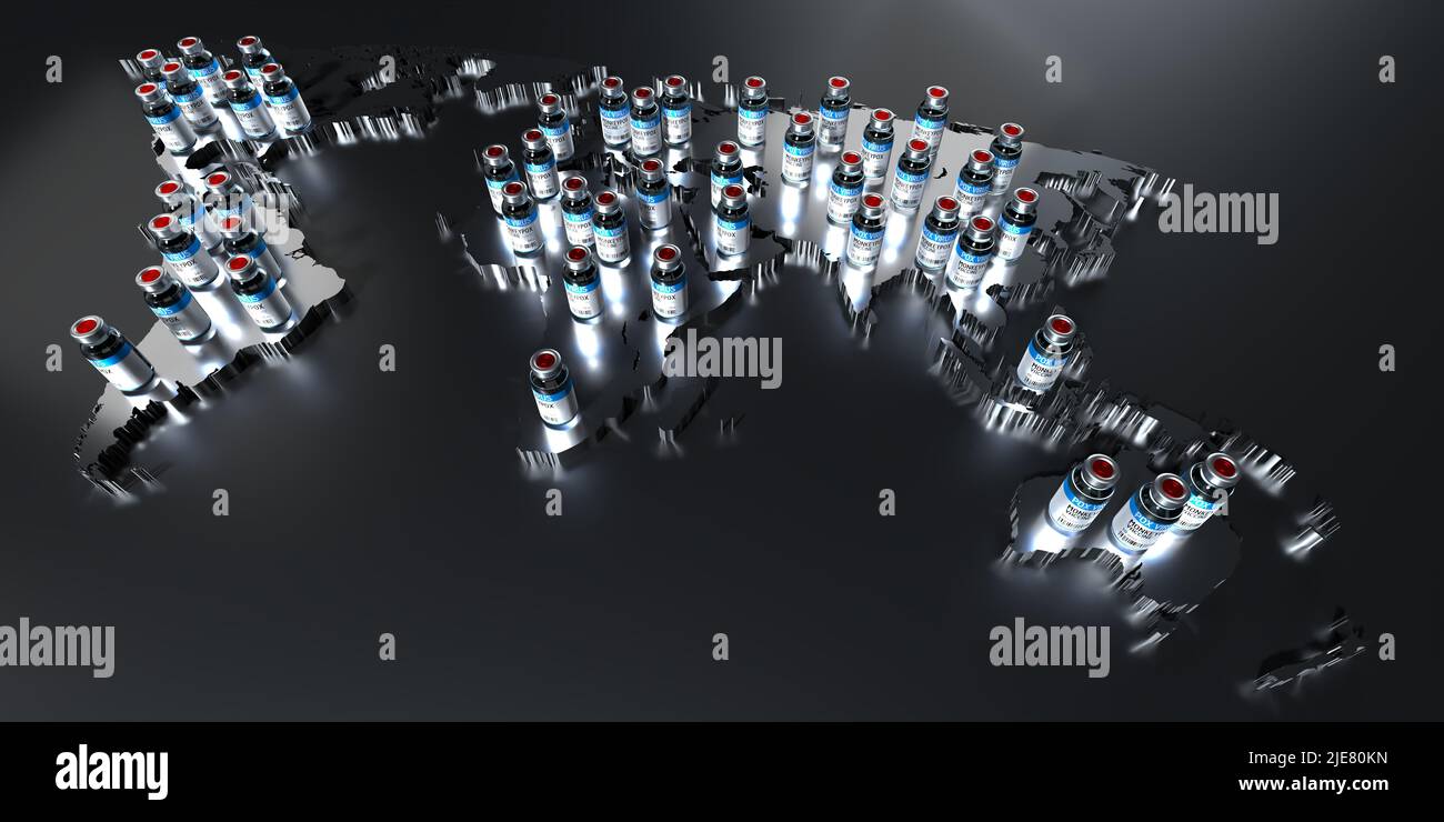 Monkeypox vaccine ampoules and world map - 3D illustration Stock Photo ...