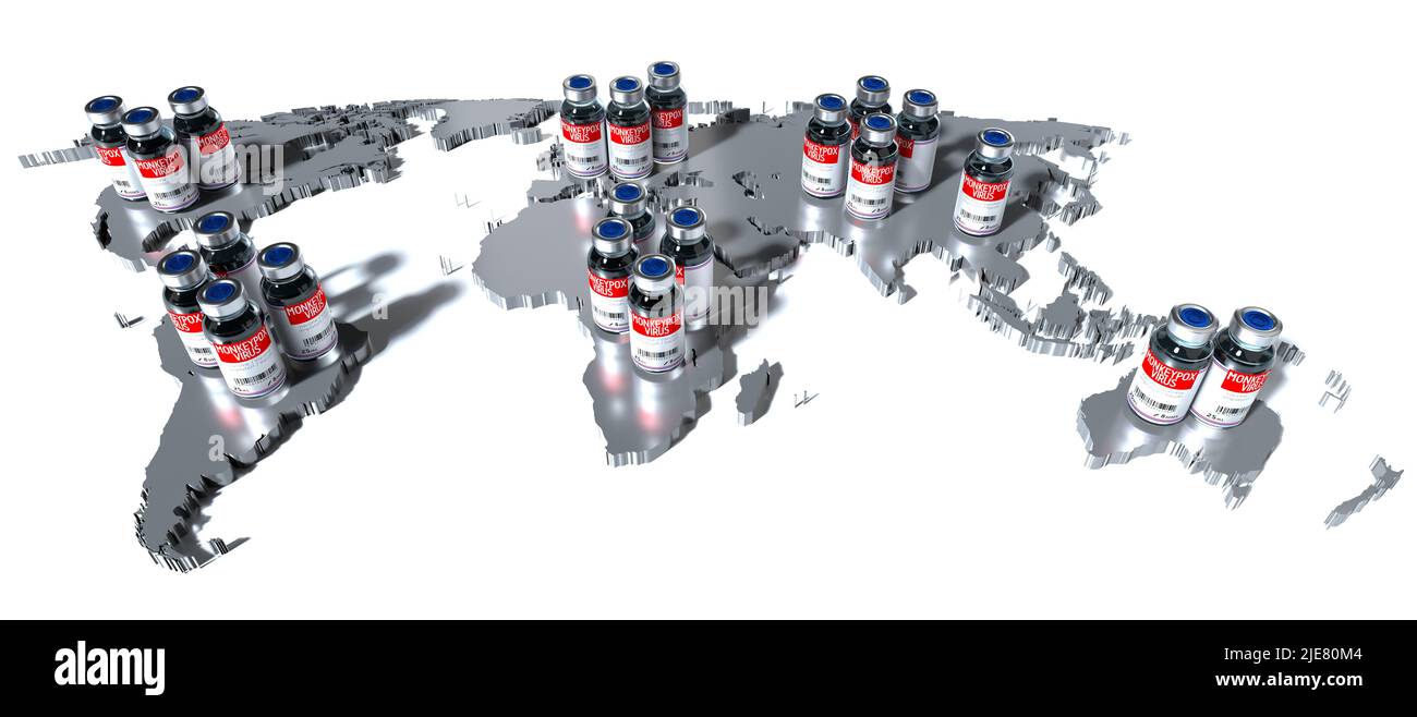 Monkeypox vaccine ampoules and world map - 3D illustration Stock Photo ...