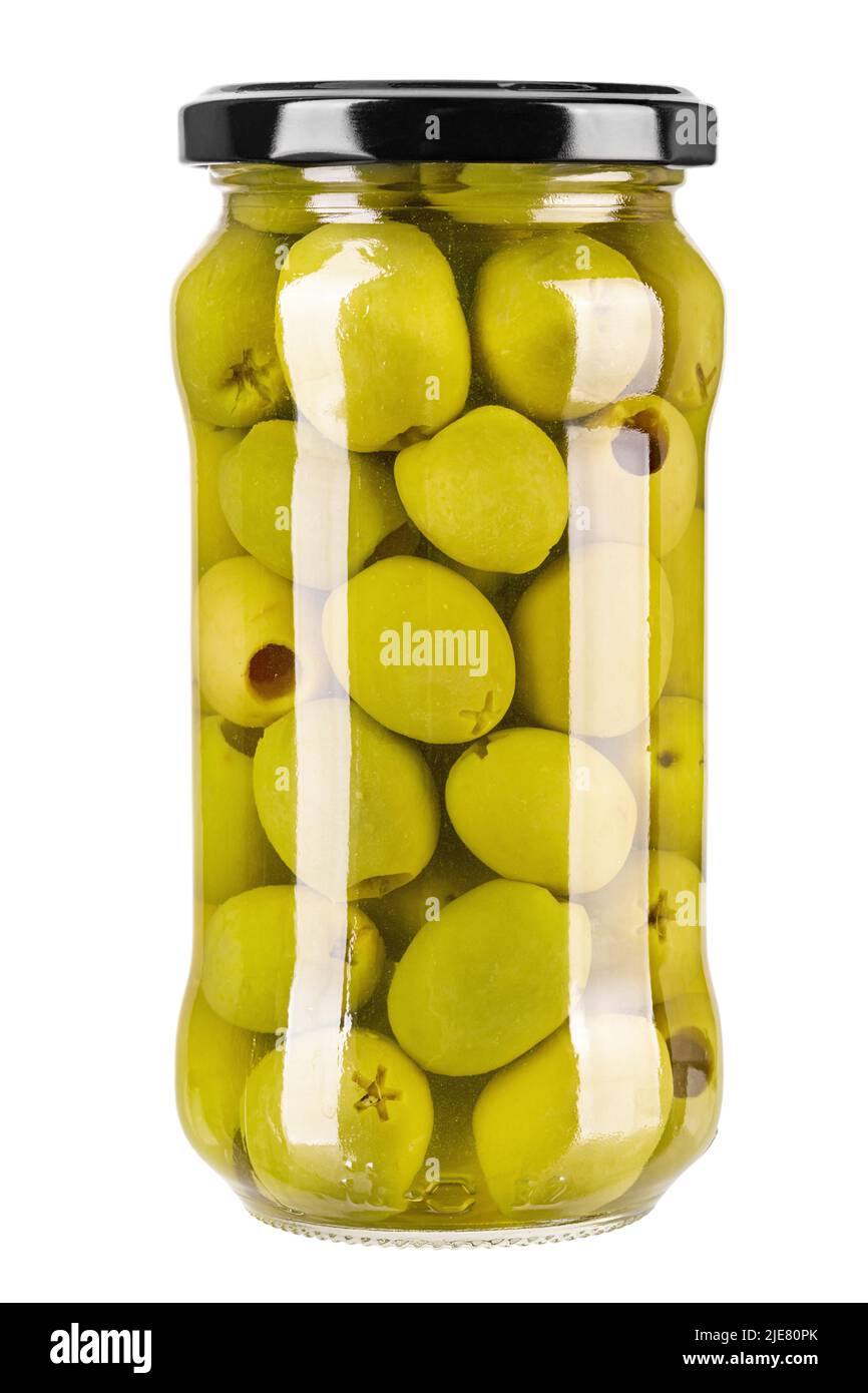 Preserving jar with olives isolated on white background. File contains