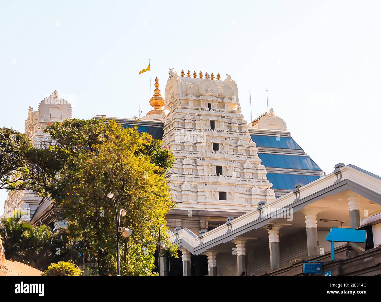 ISKCON (International Society of Krishna Consciousness) Radha Krishna Temple on hills in Bangalore, India.Iskcon Hare Krishna movement do Janmashtami. Stock Photo