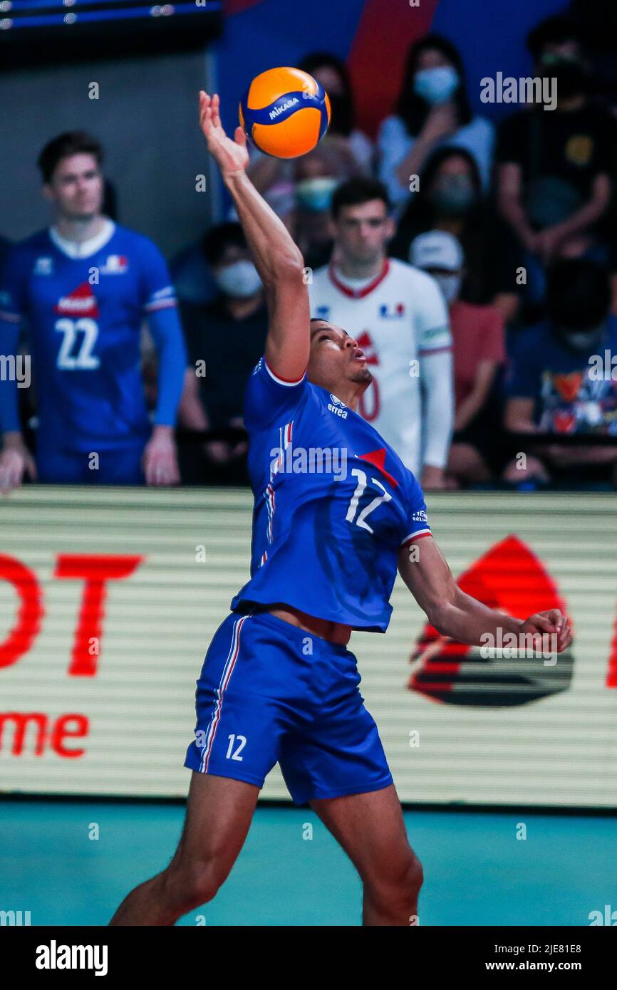 Quezon City. 26th June, 2022. France's Stephen Boyer serves during the FIVB Volleyball Nations