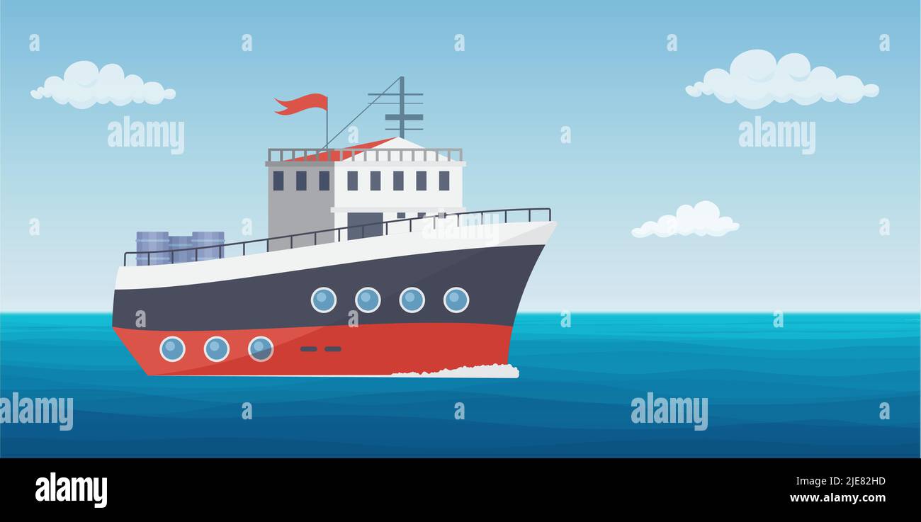 Commercial ship with containers on shipyard in sea or ocean landscape vector illustration. Cartoon transport boat sailing to port, fisherman trawler catching fish in water of harbor background Stock Vector