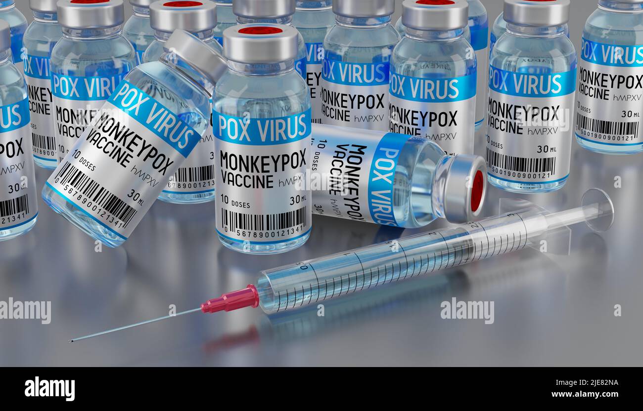 Monkeypox vaccine ampoules and syringe - 3D illustration Stock Photo ...