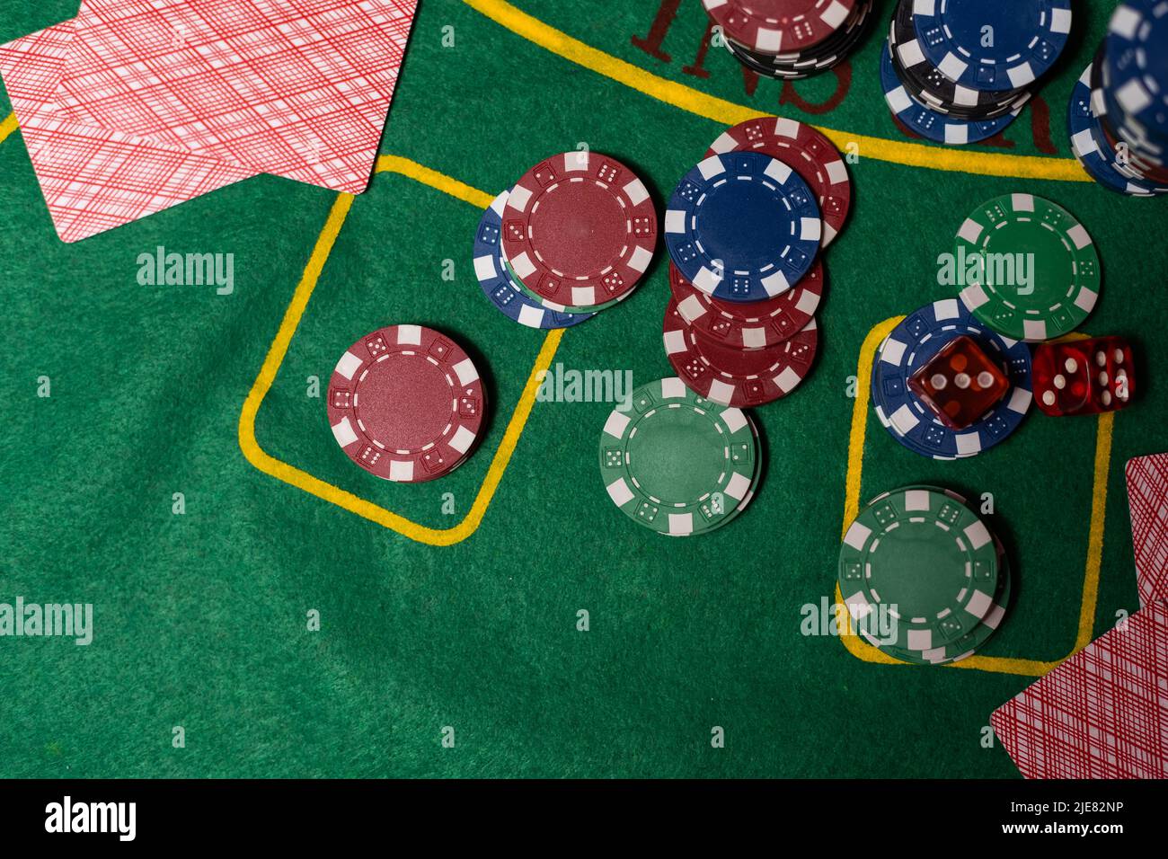 Black Jack table with cards and tokens Stock Photo Alamy