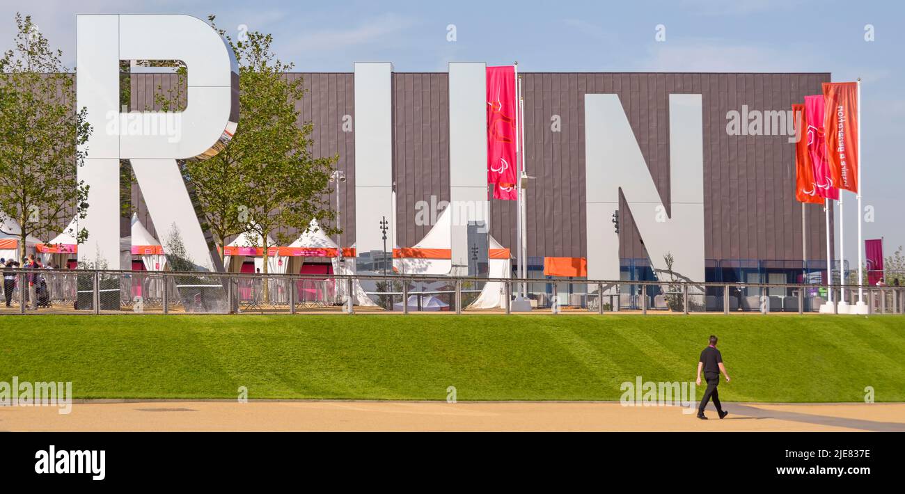 Giant size reflective letters spelling out RUN outside the Copper Box Sports venue in London 2012 Olympic Park for the Paralympic games England UK Stock Photo