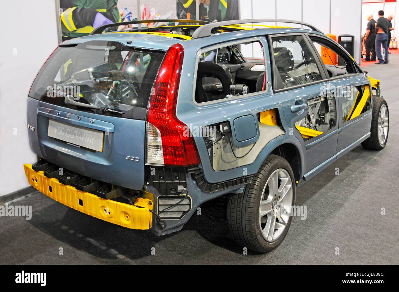 Volvo V50 cutaway car body side & back view loaned to Fire Brigades competing & demonstrating at UK Rescue Challenge event Excel Centre London England Stock Photo