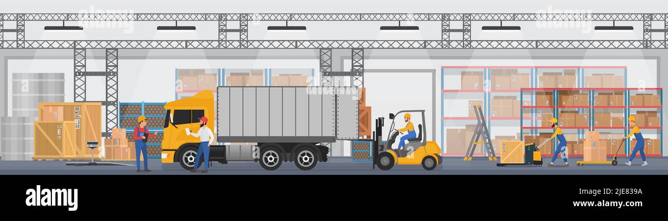 Factory warehouse interior with inventory, equipment, workers and truck vector illustration. Cartoon people in hardhats work, loading parcel boxes with goods into car background. Logistics concept Stock Vector