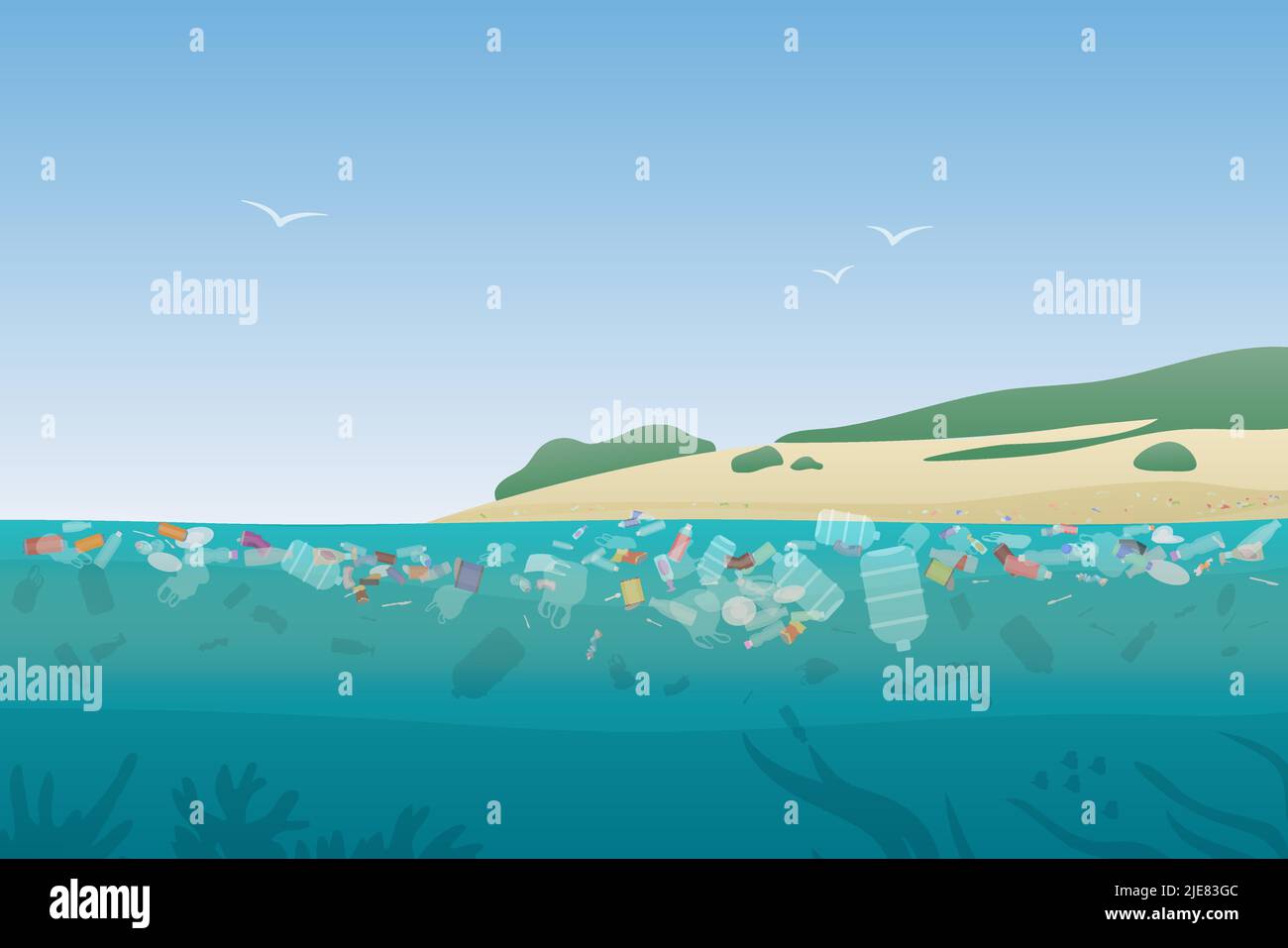 Polluted seaside with trash and plastic garbage vector illustration. Cartoon dirty coastal landscape with floating bottles, bags, pile of debris rubbish background. Littering, pollution concept Stock Vector