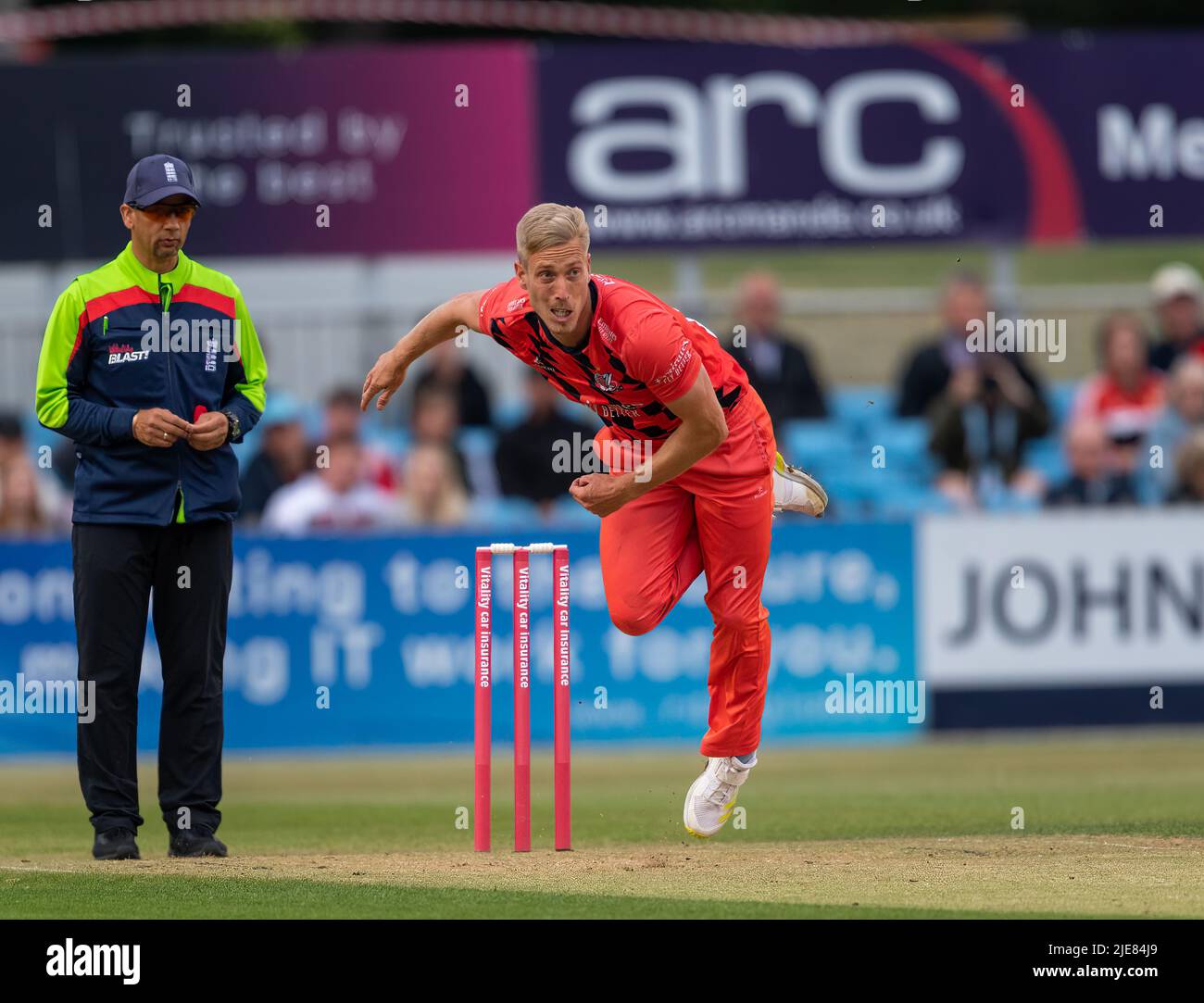 Luke Wood bowling for Lancashire Lightning against Derbyshire Falcons in a T20 Blast match Stock Photo
