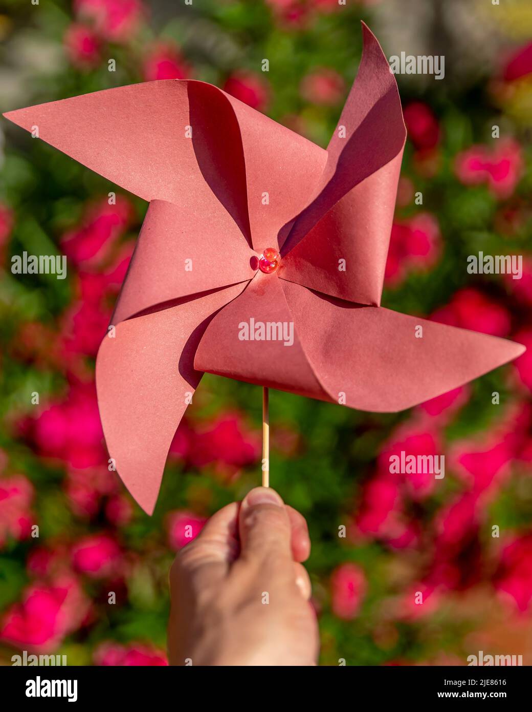Pinwheel Hand A male hand holds a homemade red pinwheel against a blurred red and ...