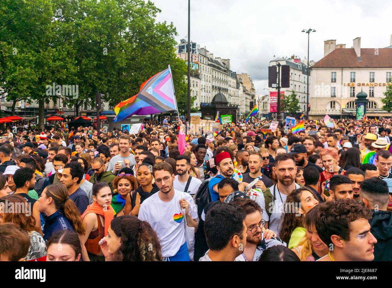 Paris, France, High Angle, Large Crowd People, Marching in Gay Pride/ LGBTQI gay rights march Stock Photo