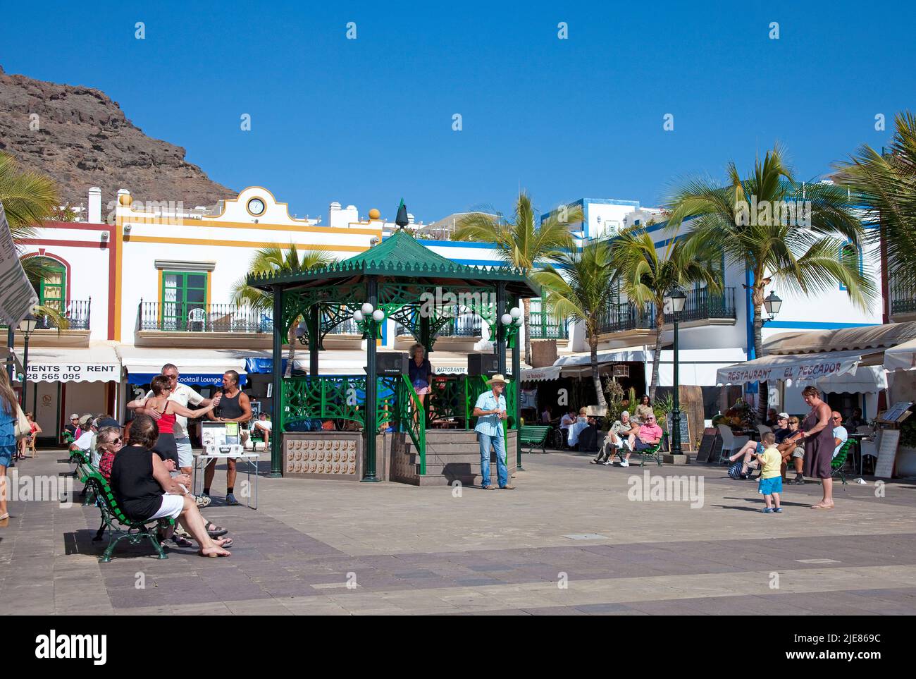 Central place with pavillon at the harbour of Puerto de Mogan, Grand Canary, Canary islands, Spain, Europe Stock Photo