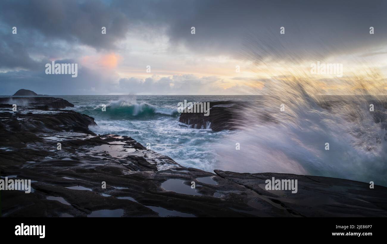 Ocean waves crashing on rocks at Muriwai beach, Auckland. Stock Photo