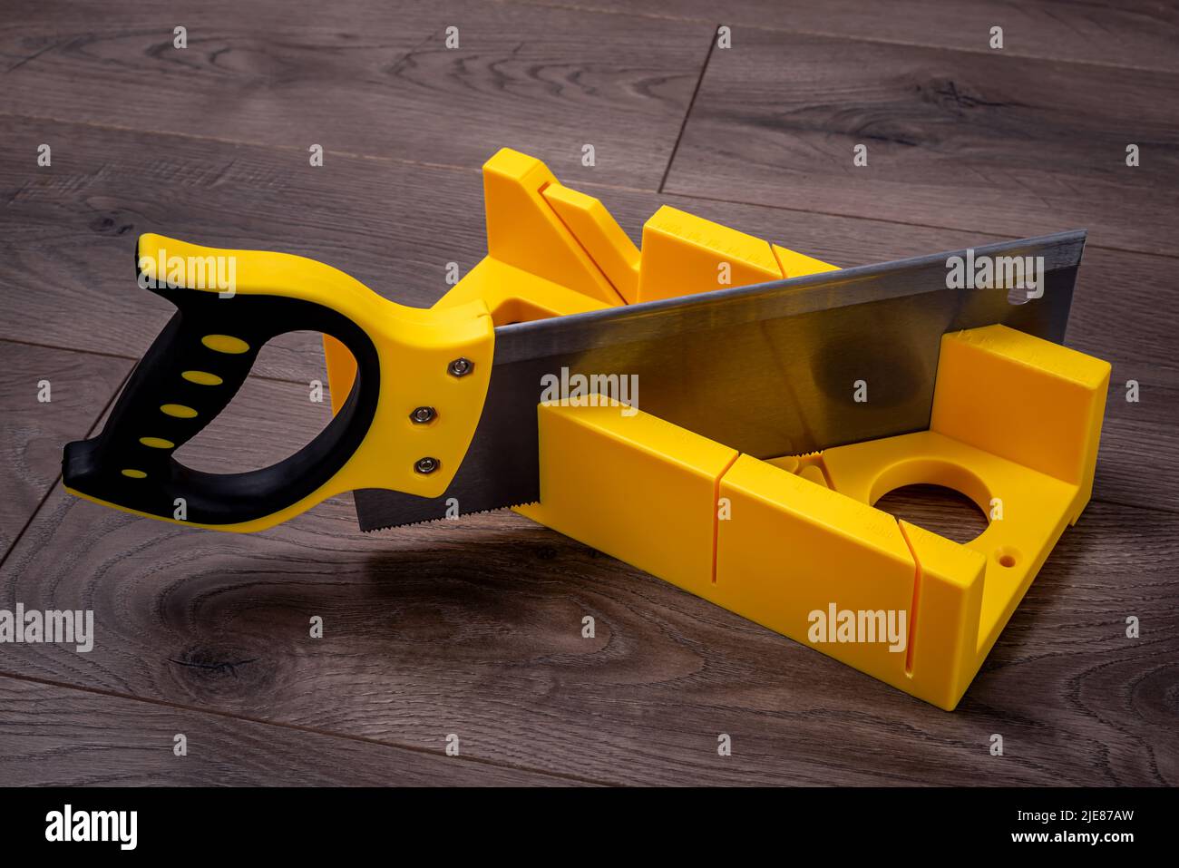 Construction tool miter saw with miter box on a laminate floor Stock Photo Alamy