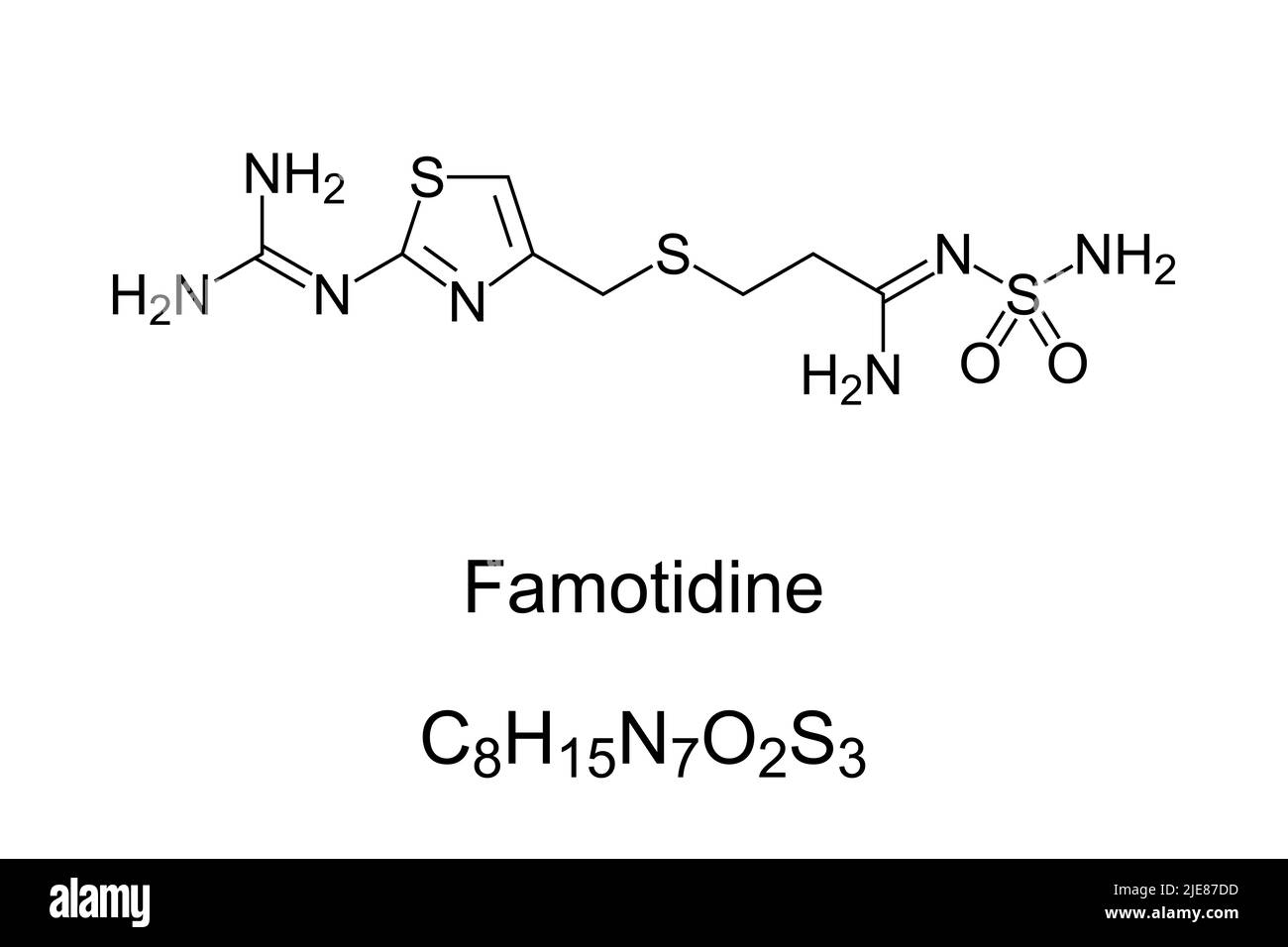 Famotidine, chemical formula. Histamine H2 receptor antagonist medication that decreases stomach acid production, used to treat peptic ulver disease. Stock Photo