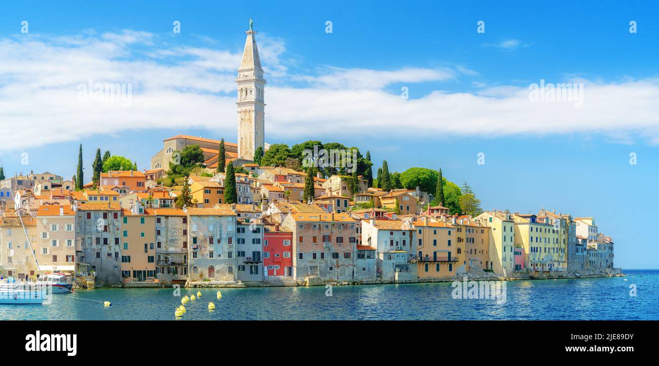 Worth seeing panoramic view of the old town of Rovinj from the sea side. Istria peninsula, Croatia Stock Photo