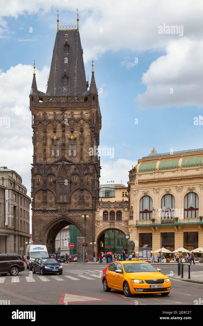 Prague, Czech Republic - June 14 2018: The Powder Tower or Powder Gate is a Gothic tower separating the Old Town from the New Town. It is one of the o Stock Photo