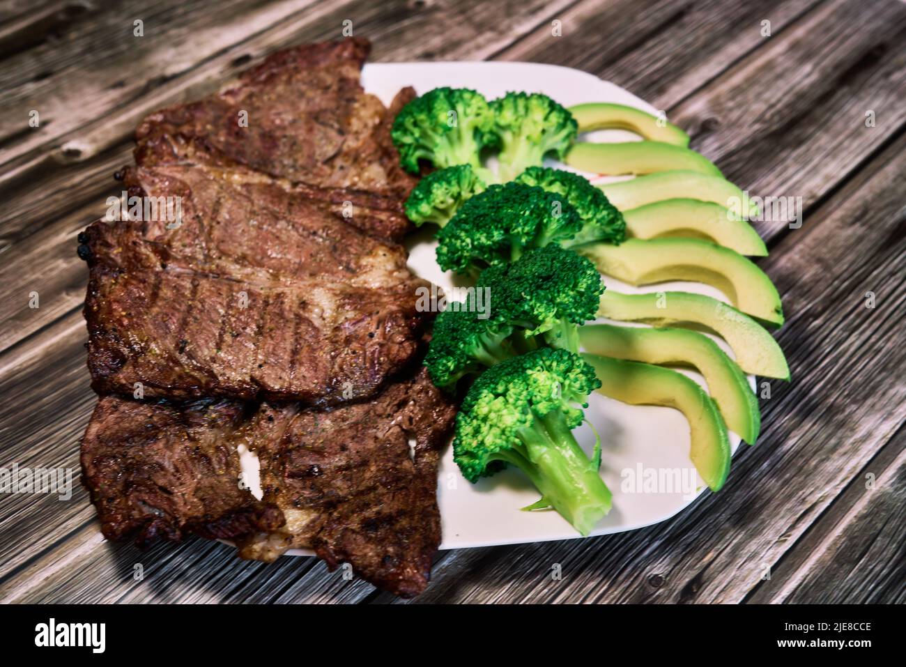 Keto diet based on beef steak, broccoli and avocado. High quality photo Stock Photo