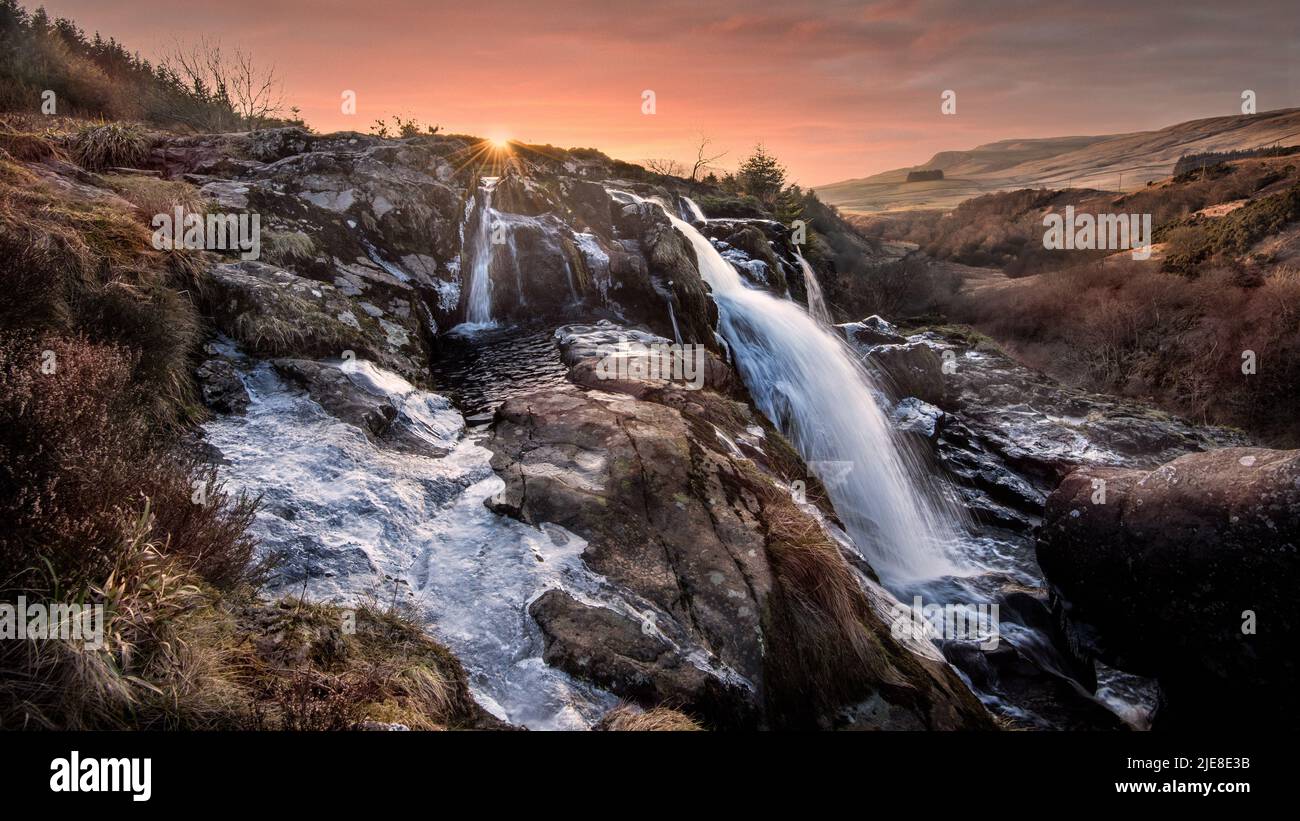 The Loup o Fintry waterfall on the River Endrick is a large 94ft waterfall. It is situated in Stirlingshire and not far from the village of Fintry, Sc Stock Photo