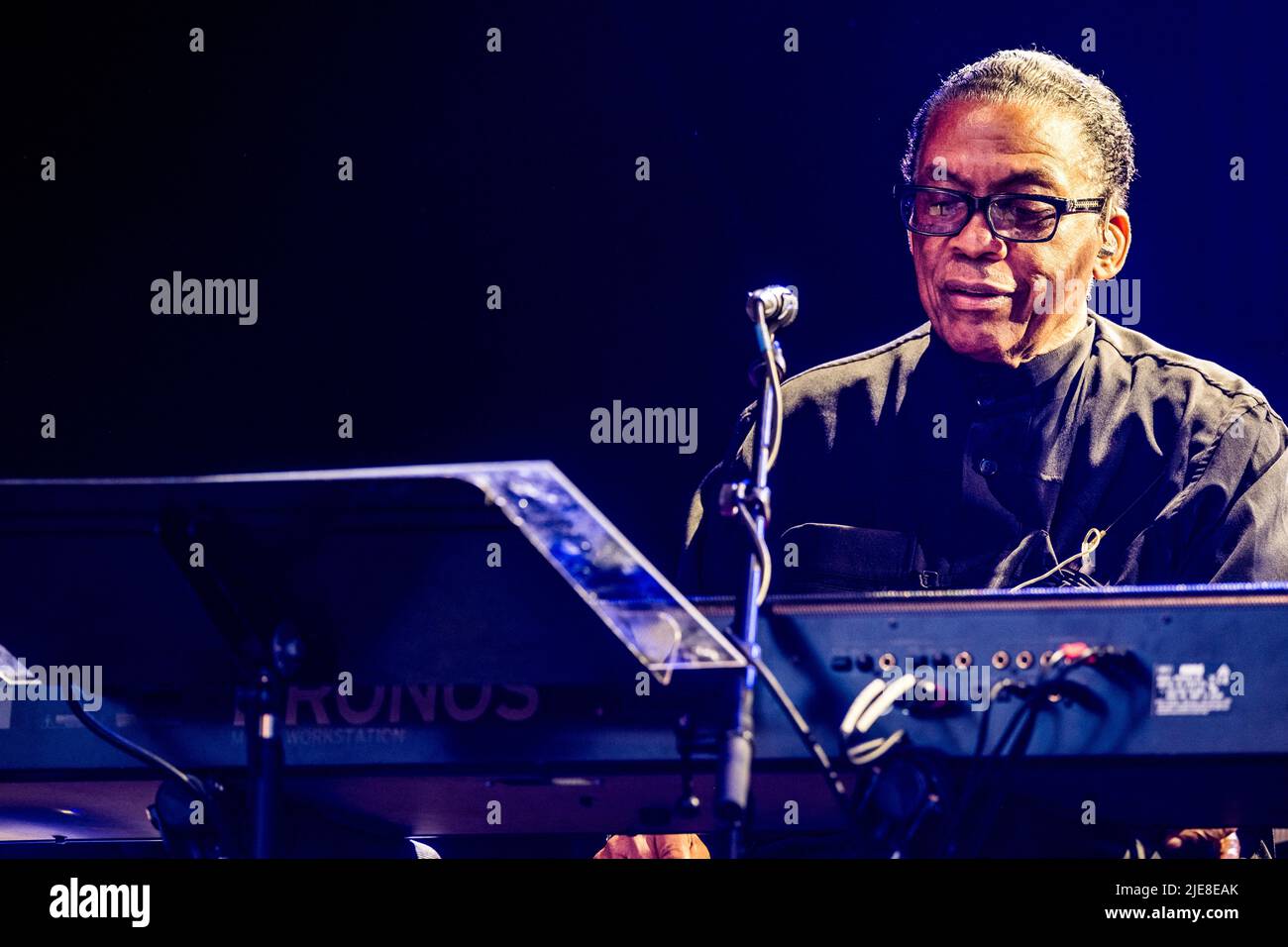 Herbie Hancock performs on the stage during his concert at Puteaux Parvis de la Défense, in France, on June 25, 2022. American jazz pianist, modern music icon, Herbie Hancock has transcended limits and genres while maintaining his unmistakable voice. After more than sixty years of career and fourteen Grammy Awards, including album of the year for River: The Joni Letters, he continues to amaze audiences around the world. Herbie Hancock : piano, Terence Blanchard: trumpet, James Genus: bass, Lionel Loueke: guitar, Justin Tyson : drums. Photo by Pierrick Villette/ABACAPRESS.COM Stock Photo