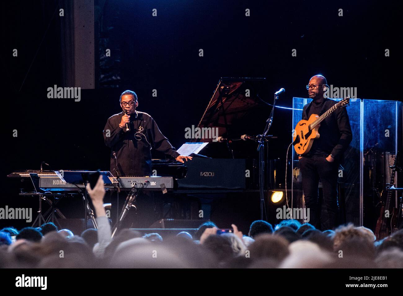 Herbie Hancock performs on the stage during his concert at Puteaux Parvis de la Défense, in France, on June 25, 2022. American jazz pianist, modern music icon, Herbie Hancock has transcended limits and genres while maintaining his unmistakable voice. After more than sixty years of career and fourteen Grammy Awards, including album of the year for River: The Joni Letters, he continues to amaze audiences around the world. Herbie Hancock : piano, Terence Blanchard: trumpet, James Genus: bass, Lionel Loueke: guitar, Justin Tyson : drums. Photo by Pierrick Villette/ABACAPRESS.COM Stock Photo