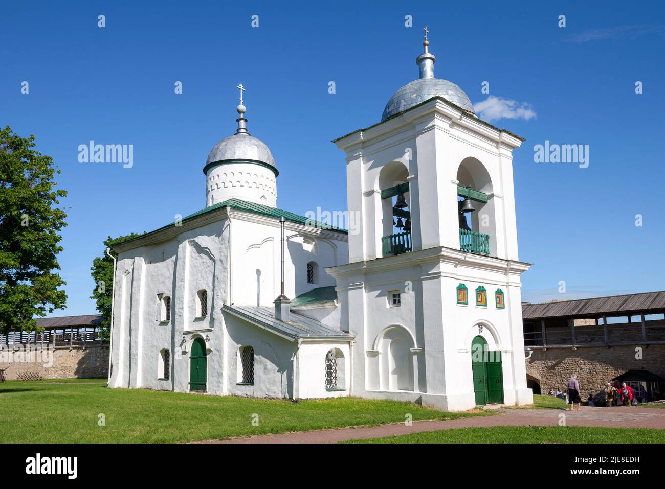Medieval Cathedral of St. Nicholas the Wonderworker on a sunny June day. Izborsk, Pskov region. Russia Stock Photo