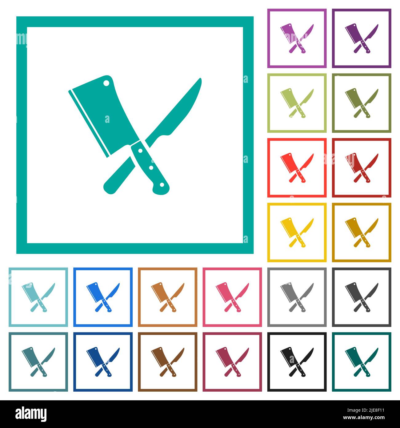 Crossed meat cleaver and knife flat color icons with quadrant frames on ...