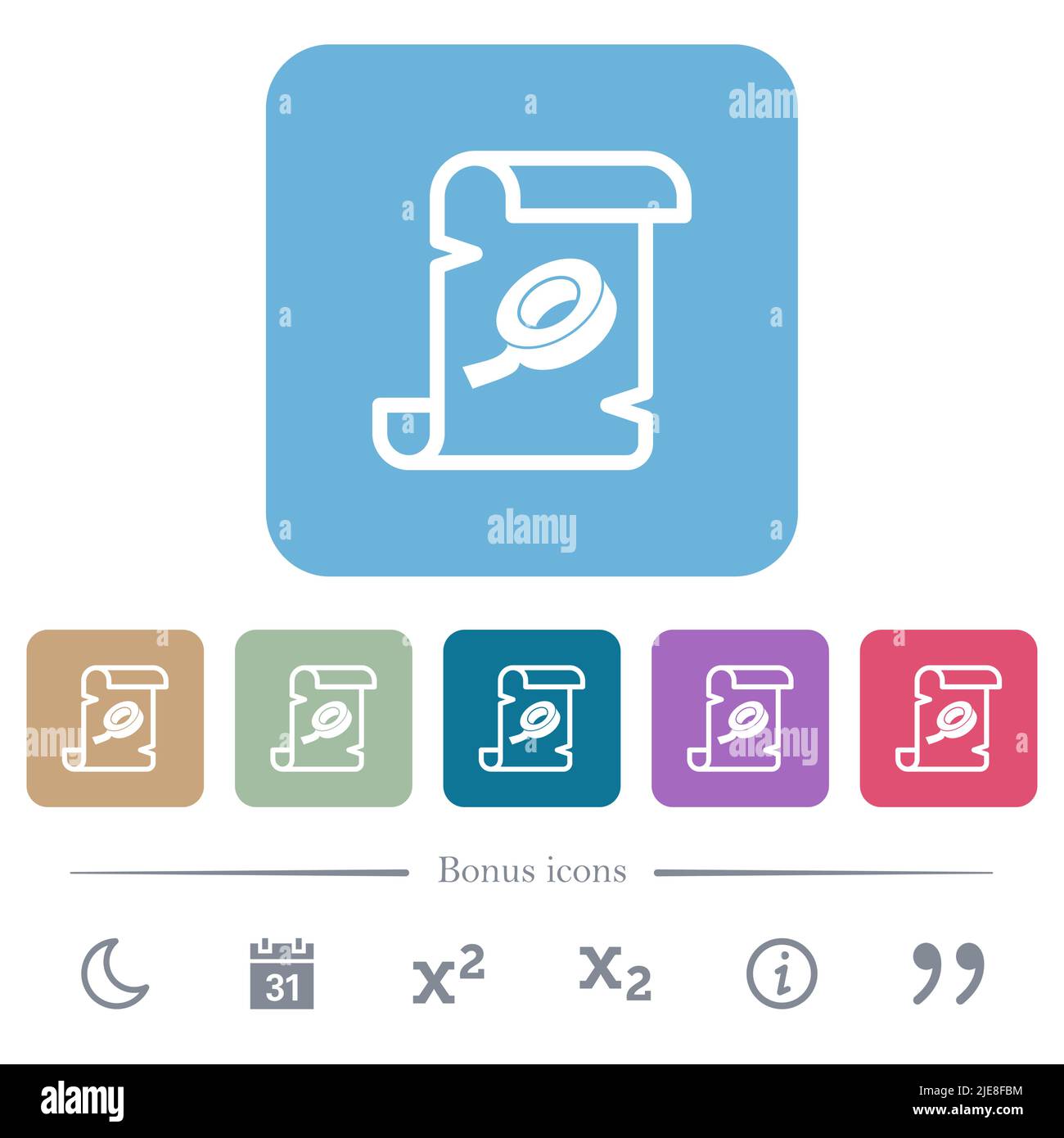 Script patch white flat icons on color rounded square backgrounds. 6 bonus icons included Stock Vector