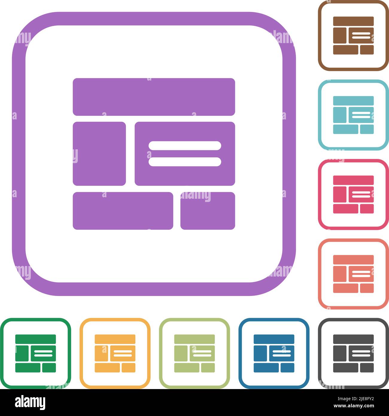 Web layout solid simple icons in color rounded square frames on white ...