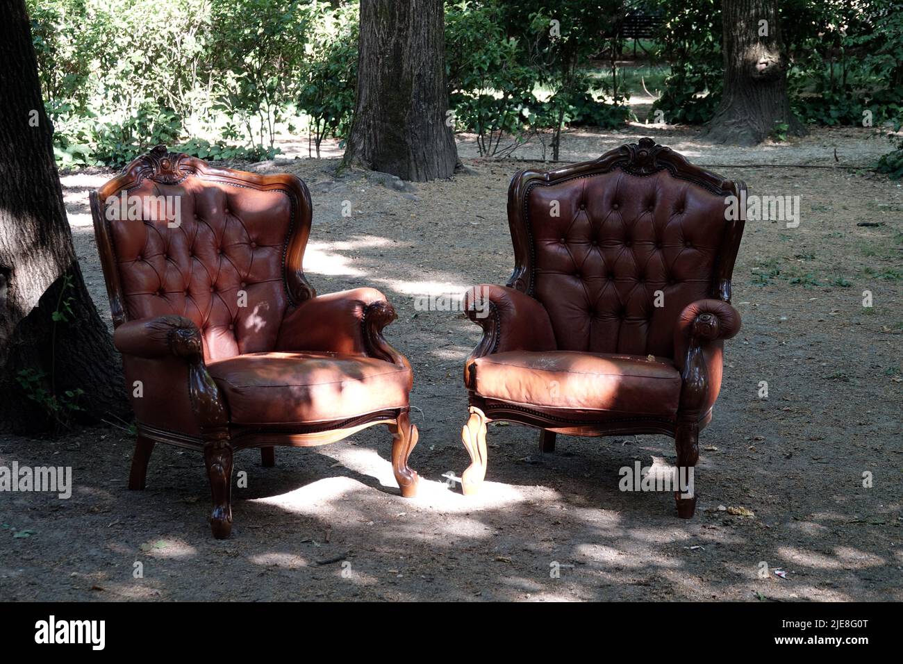 Old vintage brown leather sofa abandoned in a park Stock Photo