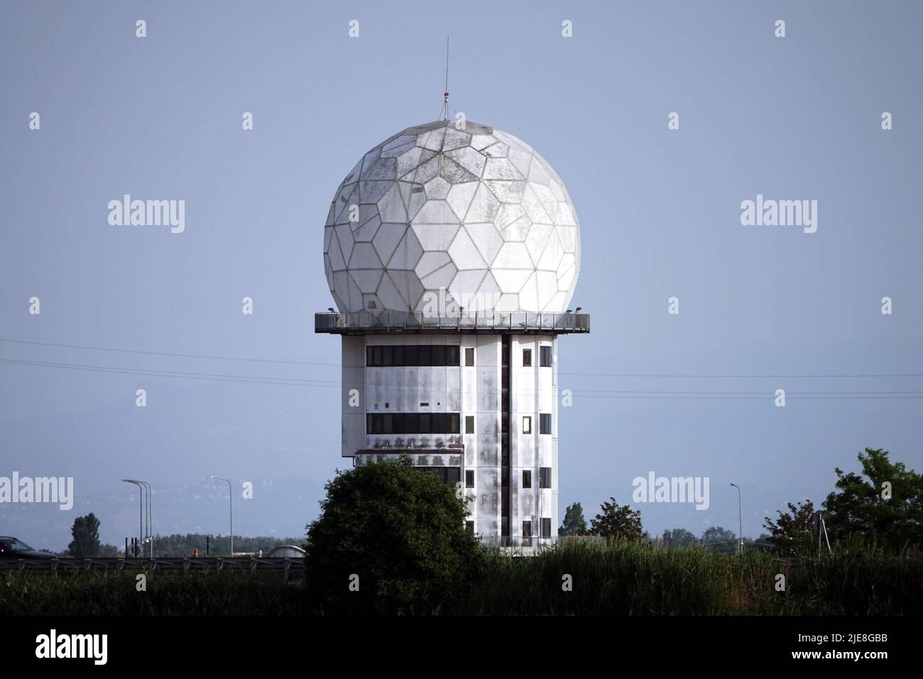 Ravenna airport radar tower and radar antenna. Ravenna, Emilia Romagna