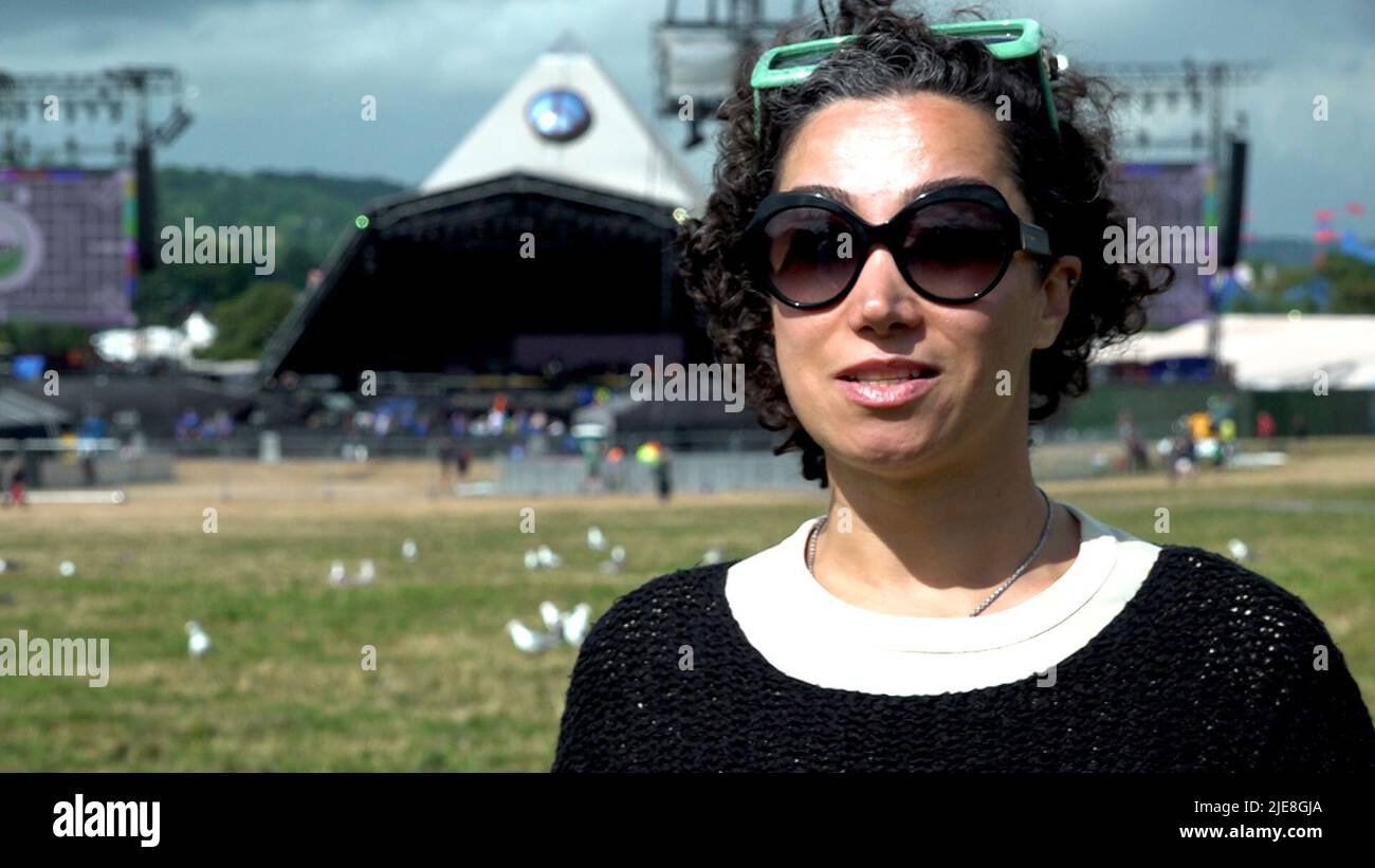 Screengrab taken from PA Video of member of The Citizens of the World Refugee Choir Sonia (surname not given), 38, from Iran. The refugee choir representing more than 30 countries are set to perform at the Glastonbury Festival. Picture date: Saturday June 25, 2022. Stock Photo