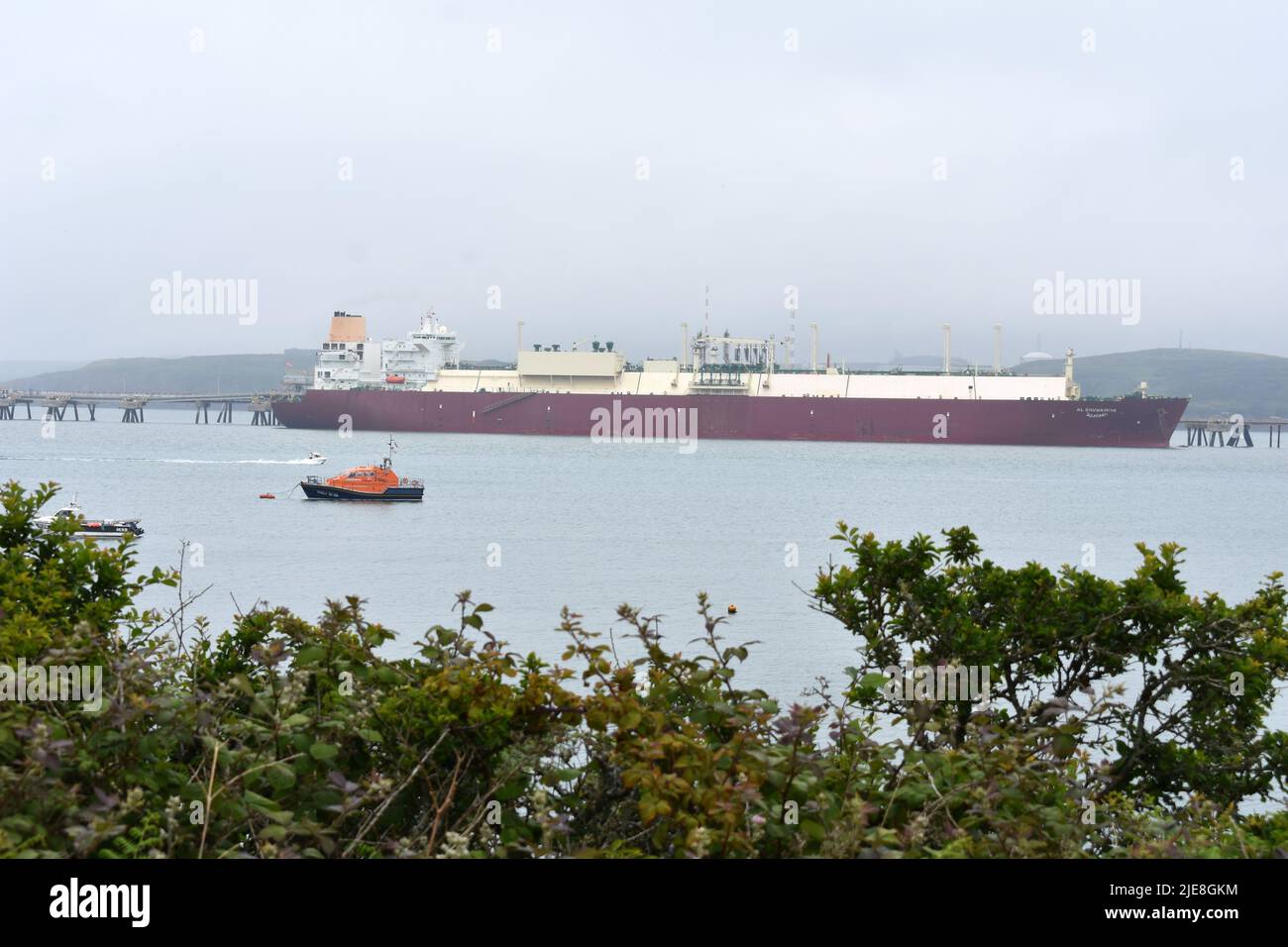 Tanker docked at South Hook LNG terminal, Milford Haven Waterway