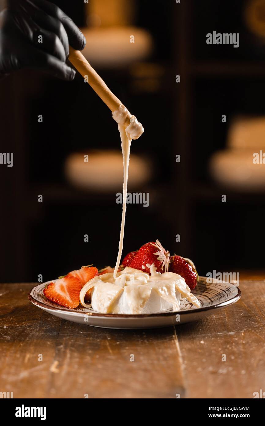 Eating hot baked brie cheese with grissini sticks. Stretching melted