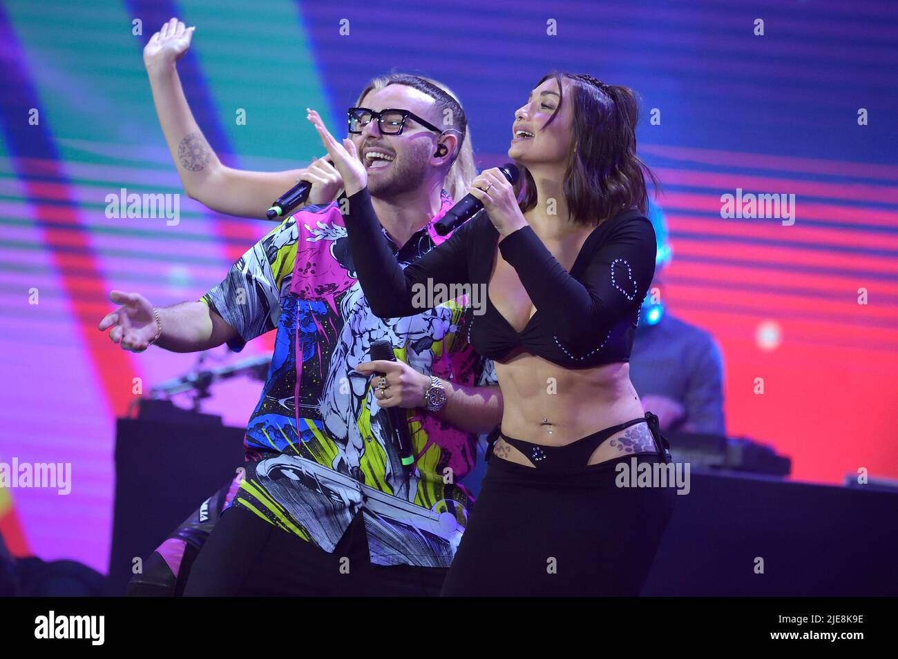 Lola Indigo, Rocco Hunt ed Elettra Lamborghini during the recording of the  TIM Summer Hits musical event conducted by Andrea Delogu and Stefano De  Martino. A series of concerts in the Italian