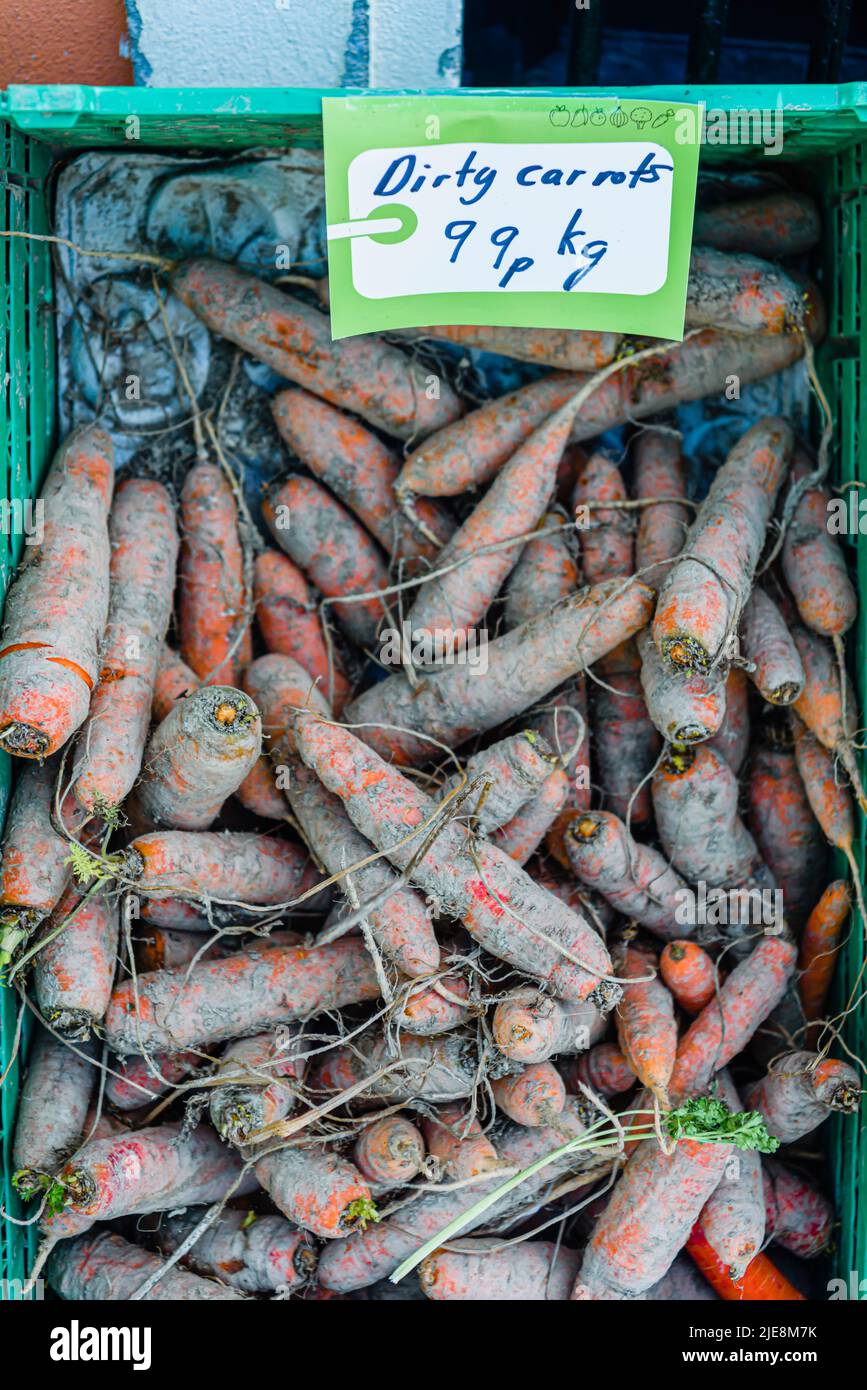 Box of carrots labelled 'dirty carrots' for sale at a greengrocer shop. Stock Photo