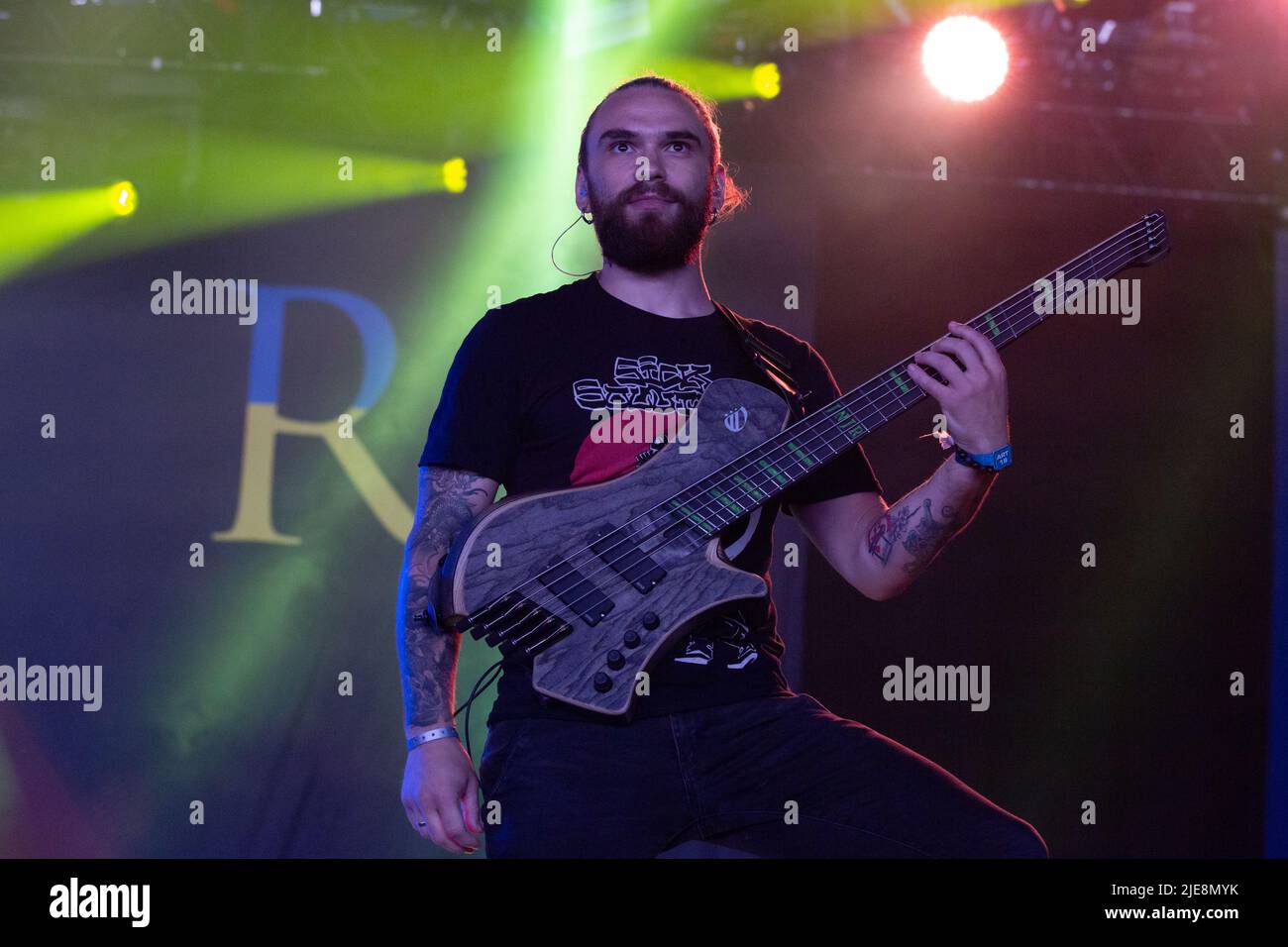 Oslo, Norway. 24th, June 2022. The Ukrainian heavy metal band Jinjer performs a live concert during the Norwegian music festival Tons of Rock 2022 in Oslo. Here bass player Eugene Abdukhanov is seen live on stage. (Photo credit: Gonzales Photo - Per-Otto Oppi). Stock Photo