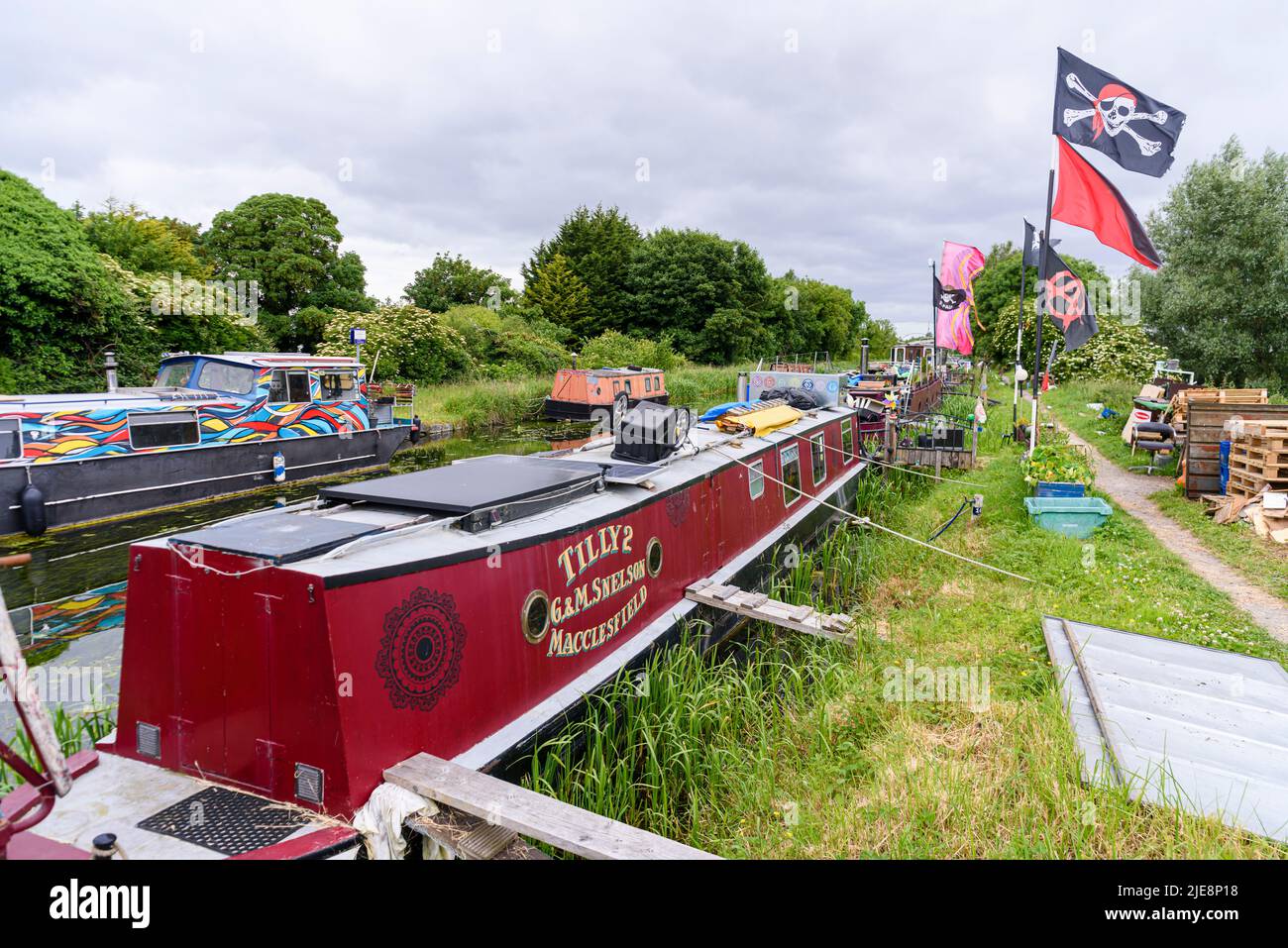 Canalboats houseboats on a canal in County Laoise, Republic of Ireland