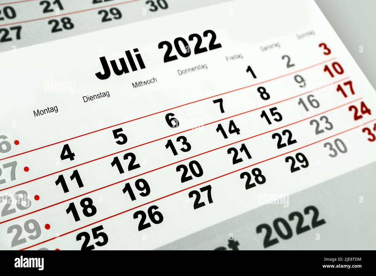 Deutscher Kalender Monat Juli 2022 Stock Photo