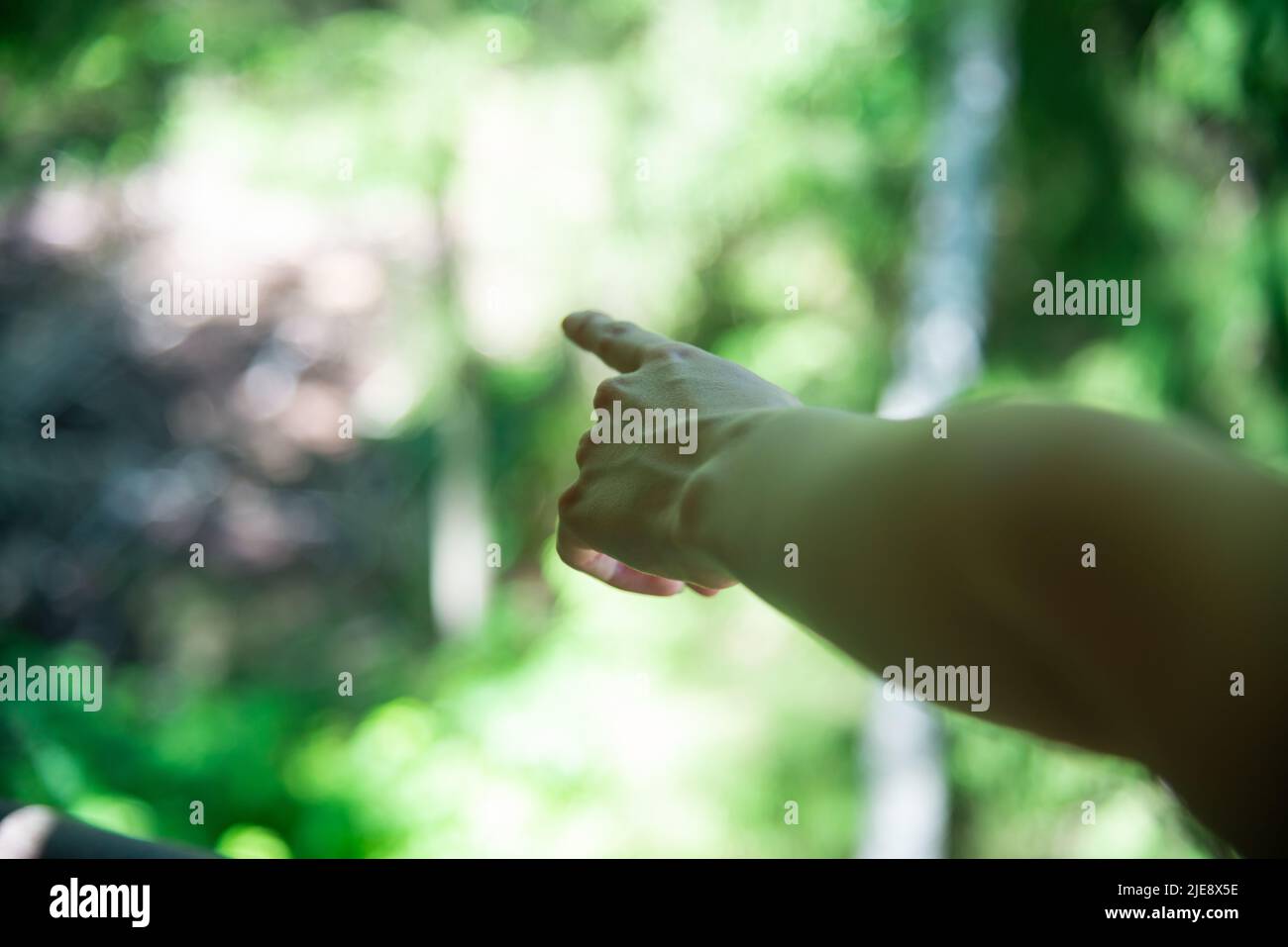 beautiful young girl's hand pointing forward. Blurred green background ...